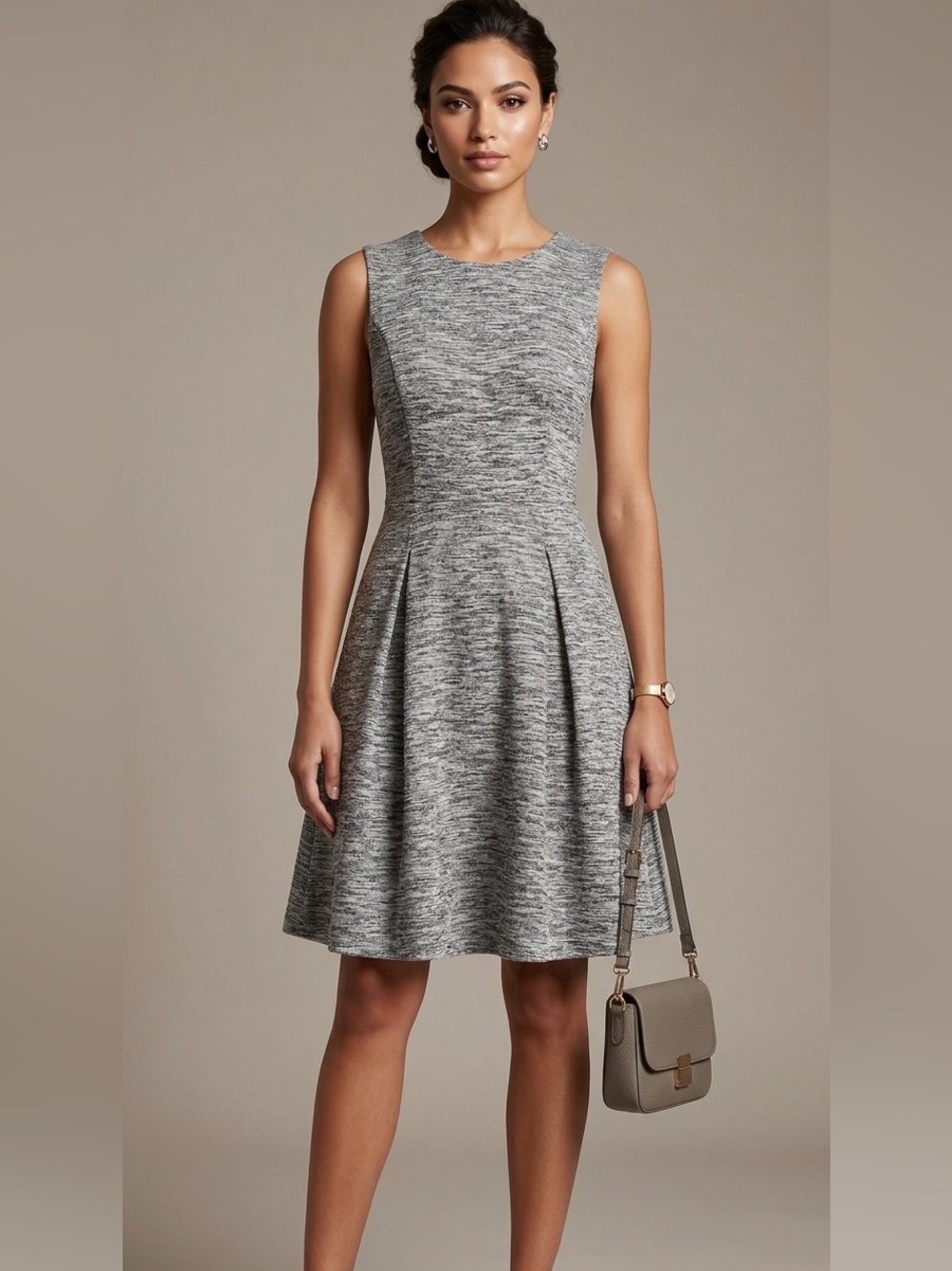 Dynamite Gray Fit & Flare Knee Length Crew Neck Dress XS Office Chic Minimalist